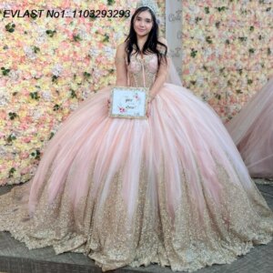 EVLAST Customized Glittering Pink Quinceanera Dress Ball Gown Gold Lace Applique Beading Cape Sweet 16 Vestido De 15 Anos E1Q391