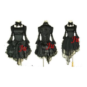 fondcosplay Sissy Maid Gothic Lolita Punk Fashion black satin Dress Cosplay Costume CD/TV[CK730]