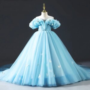Jill Wish Luxury Sky Blue Girl Dresses Off The Shoulder with Bowknot Princess Gown for Kids Birthday Wedding Party Pageant J034