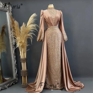 Long Champagne Dubai Mermaid Evening Dresses Bead Muslim Woman Party Gown Wedding Dress Customized Formal Gowns Vestidos de Gala