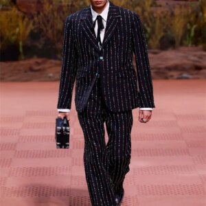 Groom Men Suits Pants Set 2 Pieces Blazer+Trousers Crystals Stripe Wedding Tuxedo Prom Jacket Formal Single Breasted Office Coat