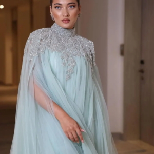 Elegant High Neck Long Sleeved Ball Gown Pleated Bead Sequins Length Dress Formal Party Evening Gown Customization