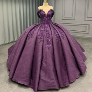 Purple Shiny Princess Quinceanera Dresses Off Shoulder Beading Crystal Applique Tull Sweet 16 Dress Ball Gown Vestidos 15 De