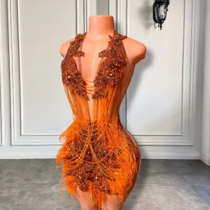 Luxury Sparkly Orange Crystals Diamond Women Cocktail Gowns Sexy See Through Feather Black Girl Short Prom Dresses 2025