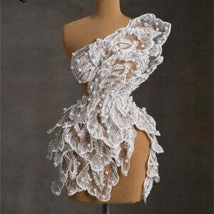 Customized Floral Fabric 3D Leaf Designer Cocktail Dresses See Through Short Party Dress Full Pearls Birthday Dress With Split