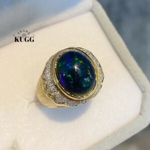 KUGG 100% 18K Yellow Gold Rings Natural Dimaond Natural Black Opal Ring Luxury Elegant Design High Party Jewelry for Women