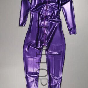 women’s latex jumpsuit rubber catsuit with front zip in metallic purple