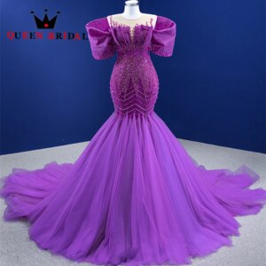 Purple Boat Neck Evening Dress 2023 New Sexy Exquisite Beading Short Cap Sleeve Formal Gowns Robes De Soirée Custom ZX38