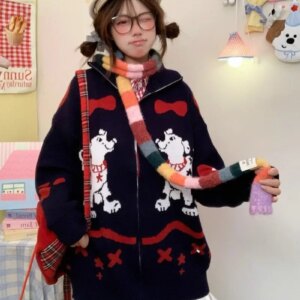 2024 New Japanese Autumn Retro Stand-up Neck Cardigan Loose Lazy Style Cartoon Print Casual Top Sweater Coat for Women