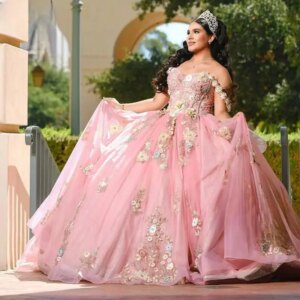 Customized Pink Ball Gown 15 Quinceanera Dress 3D Applique Flower Floral Birthday Party Gown Vestidos De 15 Anos