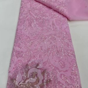 Luxury African Heavy Beaded Lace Fabric 2025 High Quality Nigerian Sequins Pink Lace Fabric 5 Yards For Wedding Dresses A1002-1