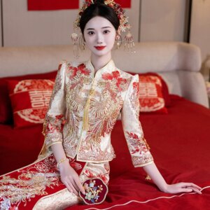 Yourqipao Gold Color Chinese Xiuhe Wedding Dress Women Wedding Reception Gowns Hanfu Bridal Gowns