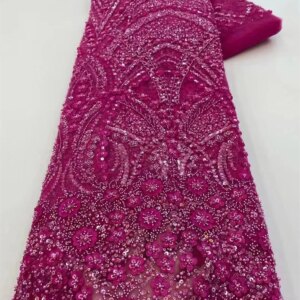 African Nigerian beads lace fabric Embroidery Lace Fabric,seuqins lace Wedding Party Dress, High Quality, 5Yards, 2024,