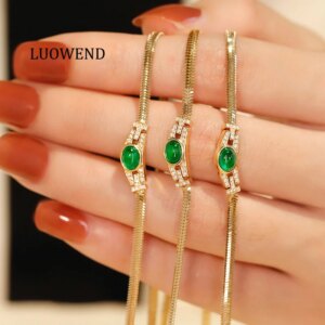 LUOWEND 100% 18K Yellow Gold Necklace Fashion Snake Bone Chain Shiny Diamond Natural Swat Emerald Necklace High Women’s Jewelry