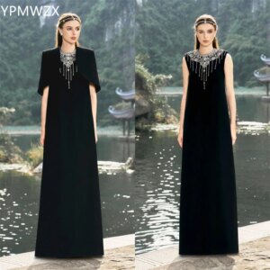Customized Prom Gown Evening Women Party Occasion YPMWZX Scoop Neckline A-line Floor Length Skirts Sleeveless Bead Stole Bespoke