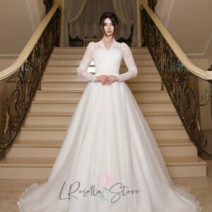 LRosella V-neck Princess Elegant Lace Applique 2025 Bridal Long Sleeves Customized A-line Wedding Dress with Belt robe de mariée