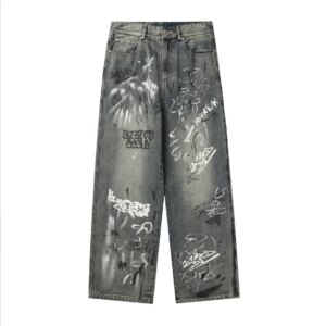Men’s Punk Hip-hop Loose and Casual Wide Leg Graffiti Straight Leg Denim Pants