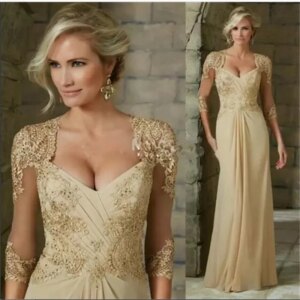Chiffon Dresses for Formal Occasions Elegant Champagne Mother of the Bridal Summer Dresses Lace Appliques Evening Dresses