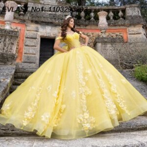 EVLAST Customized 2025 Yellow Ball Gown Quinceanera Dress Sequins Applique Beaded Bow Corset Sweet 16 Vestidos De 15 Anos E1Q599