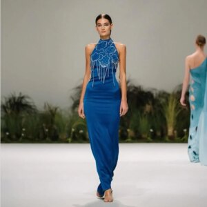 Customized Retro Exquisite High quality Applique Pattern Tassel Sheath Halter Long Dresses Prom Dresses Fashion Matching Simple