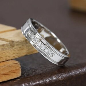 14K White Gold 1.6mm Round Men’s Band Lab Grown Diamond Band Wide Plain Diamond Accent Band Anniversary Gift To Your Boyfriend