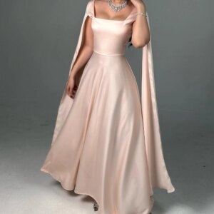 Customized  Classic Square Neck Watteau Train Pleats Evening Dress Graceful Photo Color A-Line Satin Spaghetti Straps P