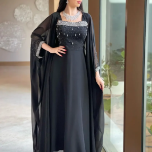 Saudi Arabia Long Sleeves Strapless Prom Dresses Beadings Chiffon Formal Women Party Dresses Ankle Length Black Evening Dresses
