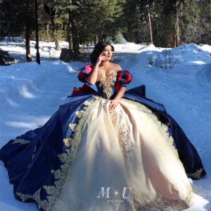 Snow Princess Navy Blue And Champagne Lace Applique Quinceanera Dress Ball Gown Mexica Sweet 15 16 Dress Wedding Gown Customized