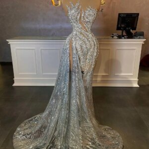 Sparkly Evening Dress Lrregular Collar Side High Split Crystal Tulle Party Bridal Gowns Robes De Mariee Sweep Train Customized