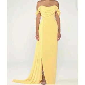 Little Daisy CustomizedElegant Long Yellow Chiffon Pleated Evening Dresses with Slit Sheath Off Shoulder Sweep Train Prom Dress