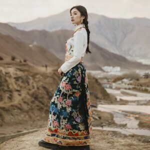 Spring Tibetan Clothing Women’s Printed Long-Sleeved Shirt Wrap Skirt One-Piece