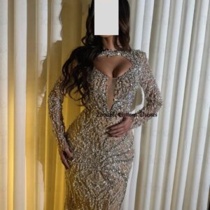 Customized فساتين سهرة Mermaid Halter Floor-Length Luxury Evening Dresses Beadings Long Sleeves Zipper Up Lining Dresses