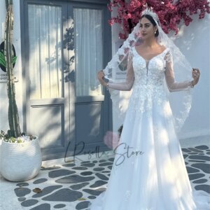 V-neck Neckline Long Tulle Sleeves Beaded Lace Applique A-line Custome Wedding Dress Sweep Train Zipper Back Long Bridal Dresses