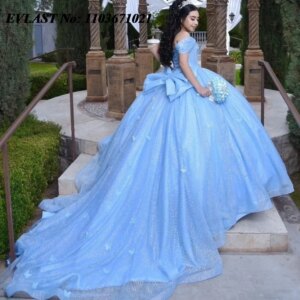 EVLAST Customized Blue Quinceanera Dress Ball Gown Lace Applique Beading Bow Mexican Corset Sweet 16 Vestido De 15 Anos SQ249