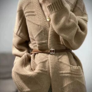 Jacquard autumn and winter V-neck 100% pure cashmere cardigan for women, medium-long loose-fitting thick silhouette knitted woo