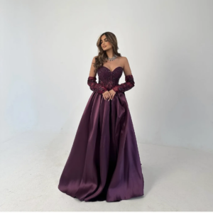Saudi Arabia Evening Dresses Grape, Dark Red Satin Long Prom Dresses with Gloves Applique with Beads Sequins Zipper Back