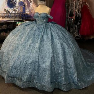 Sky Blue Shiny Quinceanera Dresses Ball Gown Off The Shoulder Sequin Applique Lace Beads Bow Tull Party Birthday Sweet 16 Vestid