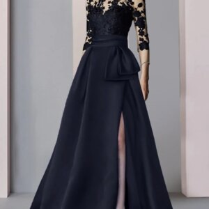 A-Line Evening Gown Split Dress Formal Fall Sweep / Brush Train Half Sleeve Illusion Neck Satin with Lace Applique 2025