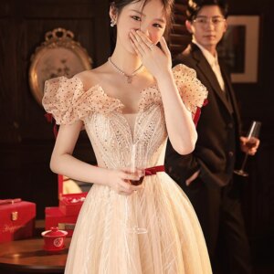 Champagne Prom Dresses Polka Dot Off Shoulder Beaded Sequined A-line Belt Boat Neck Tulle Long Wedding Party Bride Evening Gowns