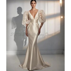 Elegant Evening Dresses Women V Neck Short Half Sleeves Mermaid Floor Length Fit Formal Event Celebrity Banquet Gowns Alliques