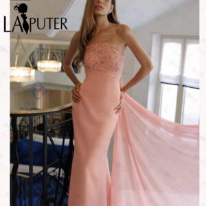 Elegant Pink Evening Dresses 2 in 1 Woman Prom Dress Back Long Chiffon Tail Beaded Strapless Neck Decent Lady Formal Dress