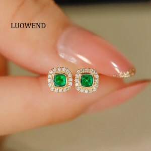 LUOWEND 18K Yellow Gold Earrings Romantic Elegant Style Luxury Diamond Natural Swat Emerald Earrings for Women Wedding Jewelry