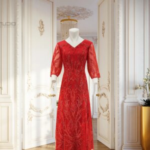 Elegant and elegant temperament light luxury mother’s dress red lace nail bead evening dress