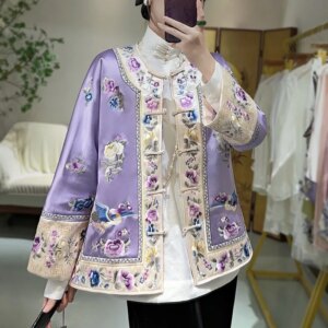 High-end Winter Women Warm Jacket Retro Manchu Embroidery Elegant Lady Luxurious Loose Acetate Coat Female S-XXL