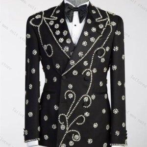 Silver Crystals Men Suit Set 2 Pieces Blazer+Pant Formal Work Office Male Jacket Prom Cotton Coat Trousers Groom Wedding Tuxedos