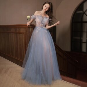 One-shoulder color gauze evening dress blue starry sky gradient graduation dress birthday party dresses