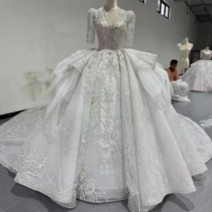 웨딩 드레스 Half Sleeves Scalloped Lace Up Back Beading Crystal Ball Gown Wedding Dress Lace Long Bridal Dress vestido de novia