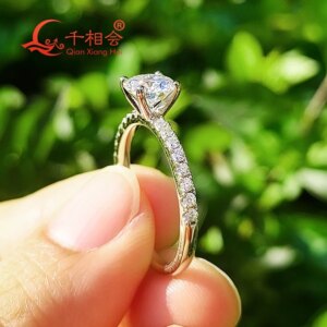 Women’s 1CT round Moissanite Ring with 4 Claws 6.5mm Half Eternity Band 10k 14k 18k Real Gold Jewelry Gift for Dating Wedding