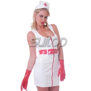 Latex sexy garment Nurse uniform cap gloves belt COSPLAY RUBBER SUITOP