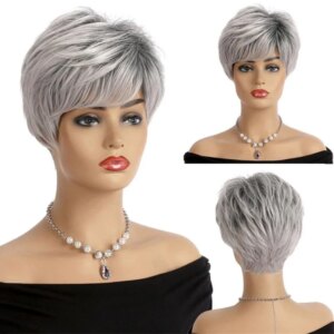 Hair Women Short Sraight Silver Grey White Wig Costume Cosplay Wig